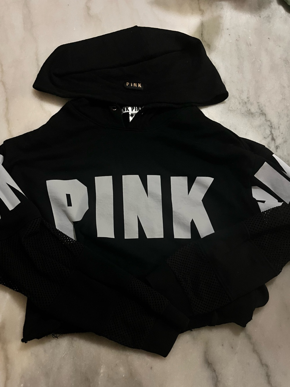 PINK Victoria's Secret Black Crop Pullover with White Logo